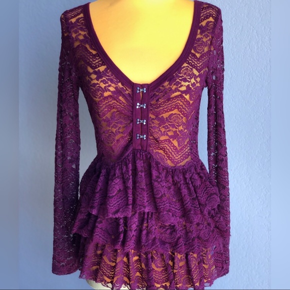 Free People Tops - Free People Long Sleeve Lace Peplum Top US Medium